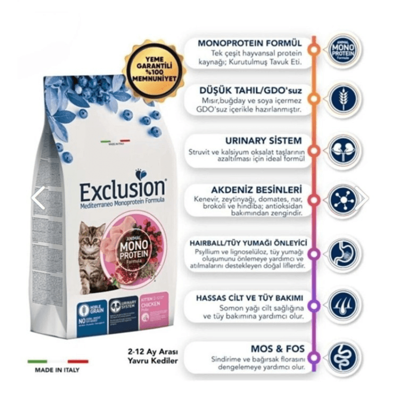 Exclusion Düşük Tahıllı Monoprotein Kitten Tavuklu Yavru Kedi Maması 12 Kg