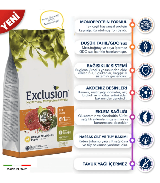 Exclusion Düşük Tahıllı Monoprotein Sığır Etli Ve Narlı Orta Irk Yavru Köpek Maması 3 kg