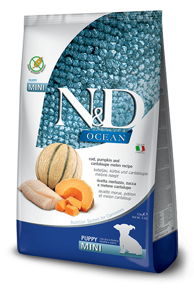 ND Ocean Tahılsız Morina Balığı Bal Kabağı ve Kavunlu Küçük Irk Yavru Köpek Maması 2,5 Kg