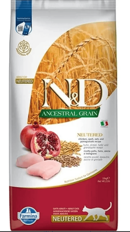 ND Ancestral Grain Düşük Tahıllı Tavuk ve Narlı Kısırlaştırılmış Kedi Maması 10kg