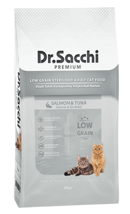 Dr.Sacchi Premium Düşük Tahıllı Somonlu ve Ton Balıklı Kısırlaştırılmış Kedi Maması