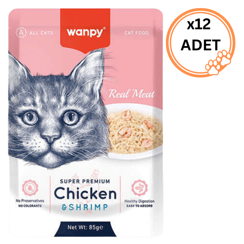 12 ADET Wanpy Pouch Tavuklu & Karidesli Yaş Kedi Maması 85 gr x12
