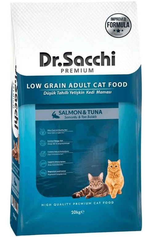 Dr. Sacchi Düşük Tahıllı Somonlu ve Ton Balıklı Yetişkin Kedi Maması 10 Kg