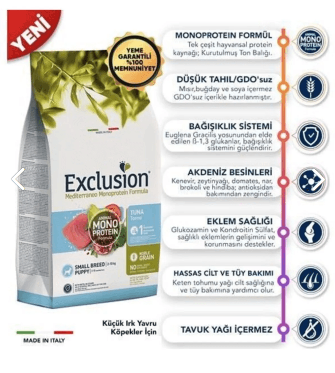 Exclusion Monoprotein Düşük Tahıllı Ton Balıklı ve Narlı Küçük Irk Yavru Köpek Maması 2 kg