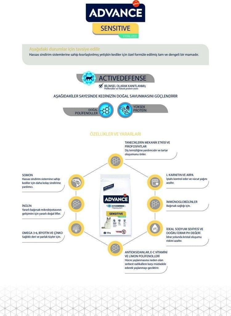 Advance Sensitive Sterilised Somonlu 1.5 kg Kısırlaştırılmış Yetişkin Kedi Maması
