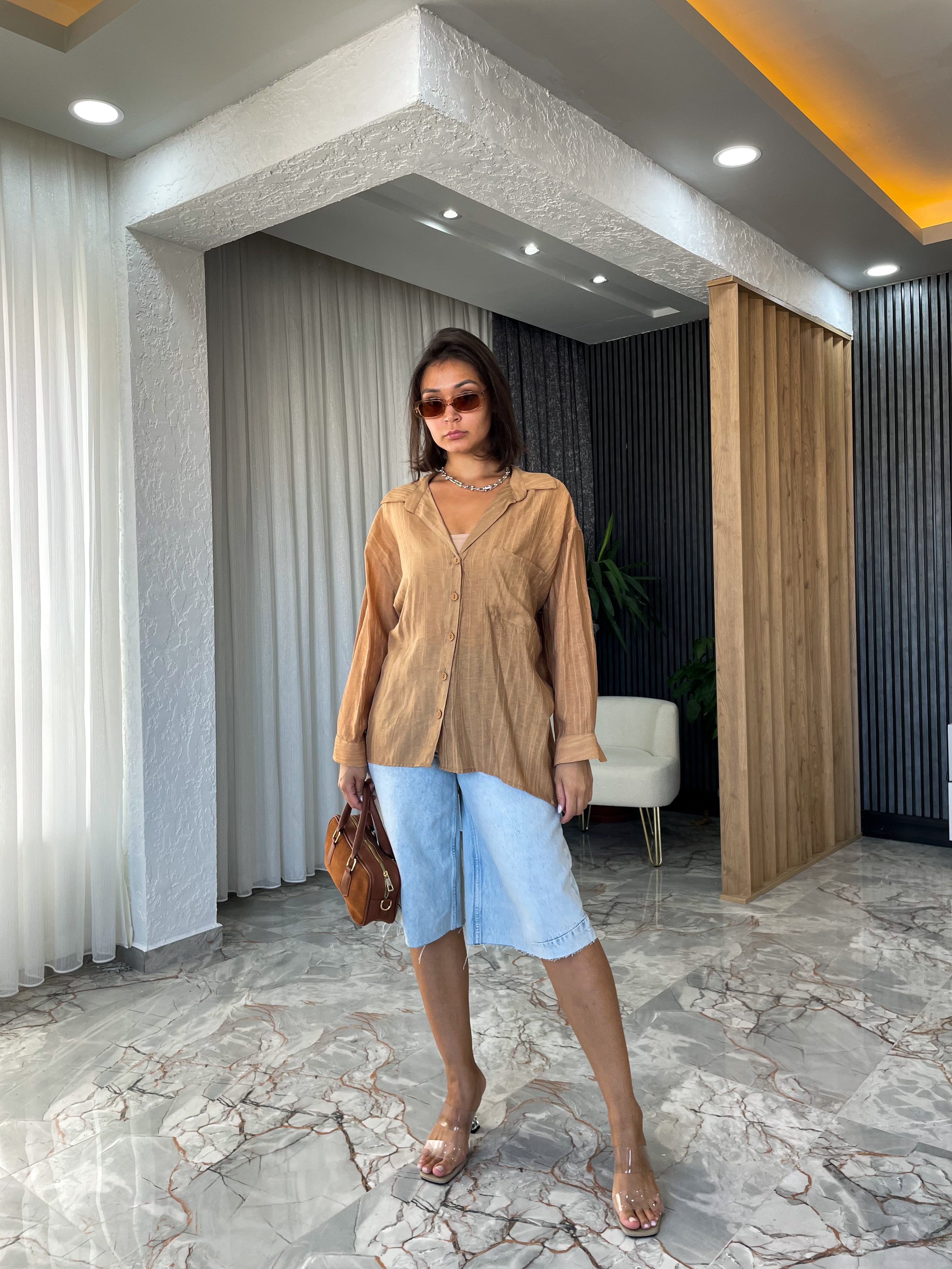 OVERSIZE CEPLİ GÖMLEK - CAMEL