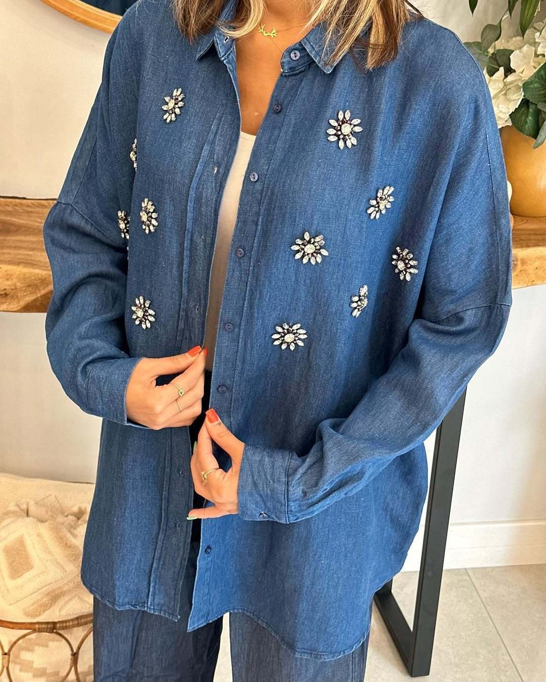 Taşlı Çiçek Detaylı Oversize Gömlek Orfeonegro