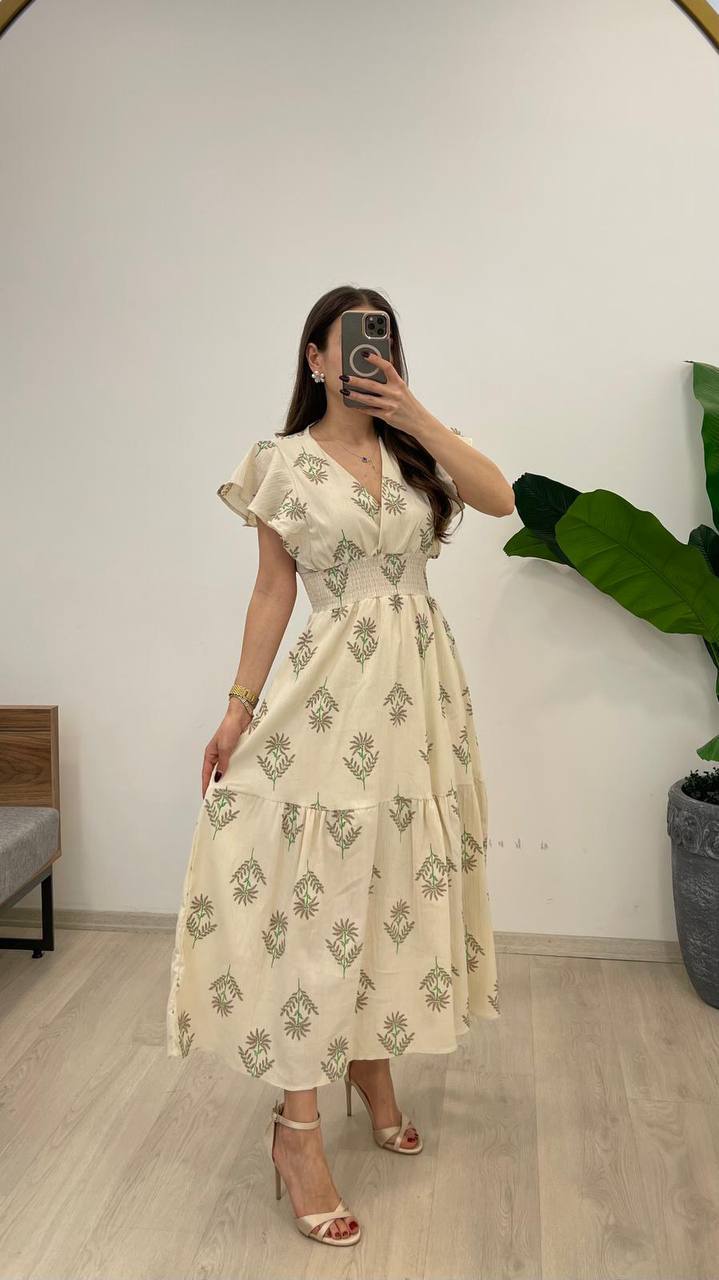 BELİ GİPELİ KETEN ELBİSE - YEŞİL