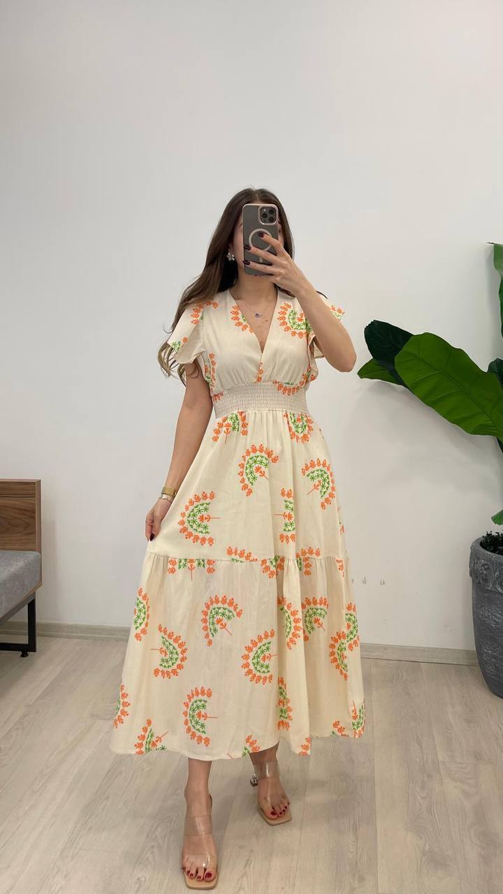 BELİ GİPELİ KETEN ELBİSE - YEŞİL TURUNCU