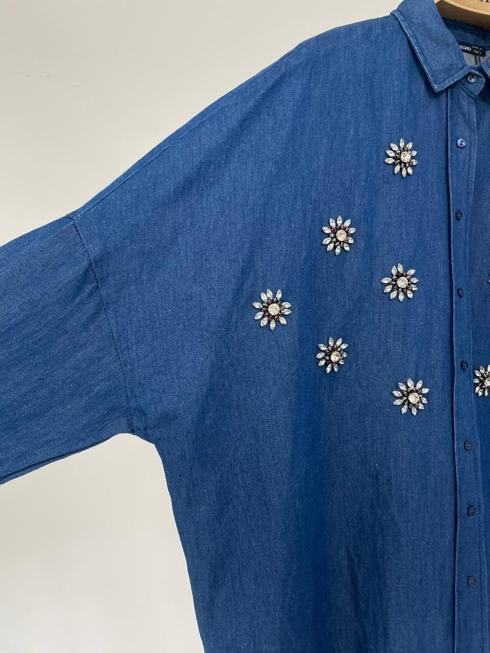Taşlı Çiçek Detaylı Oversize Gömlek Orfeonegro