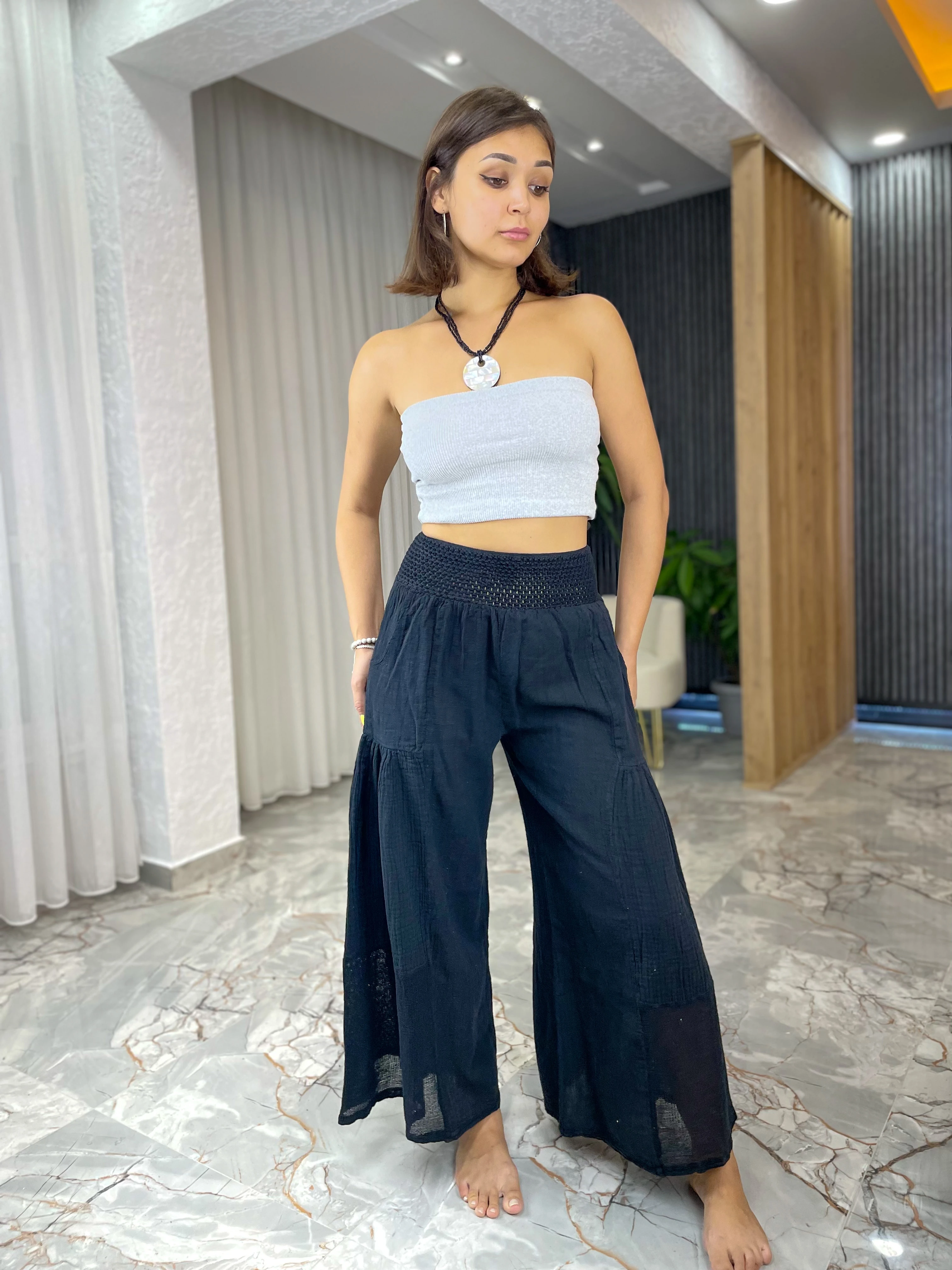 BOL PAÇALI BELİ LASTİKLİ PANTOLON - Siyah