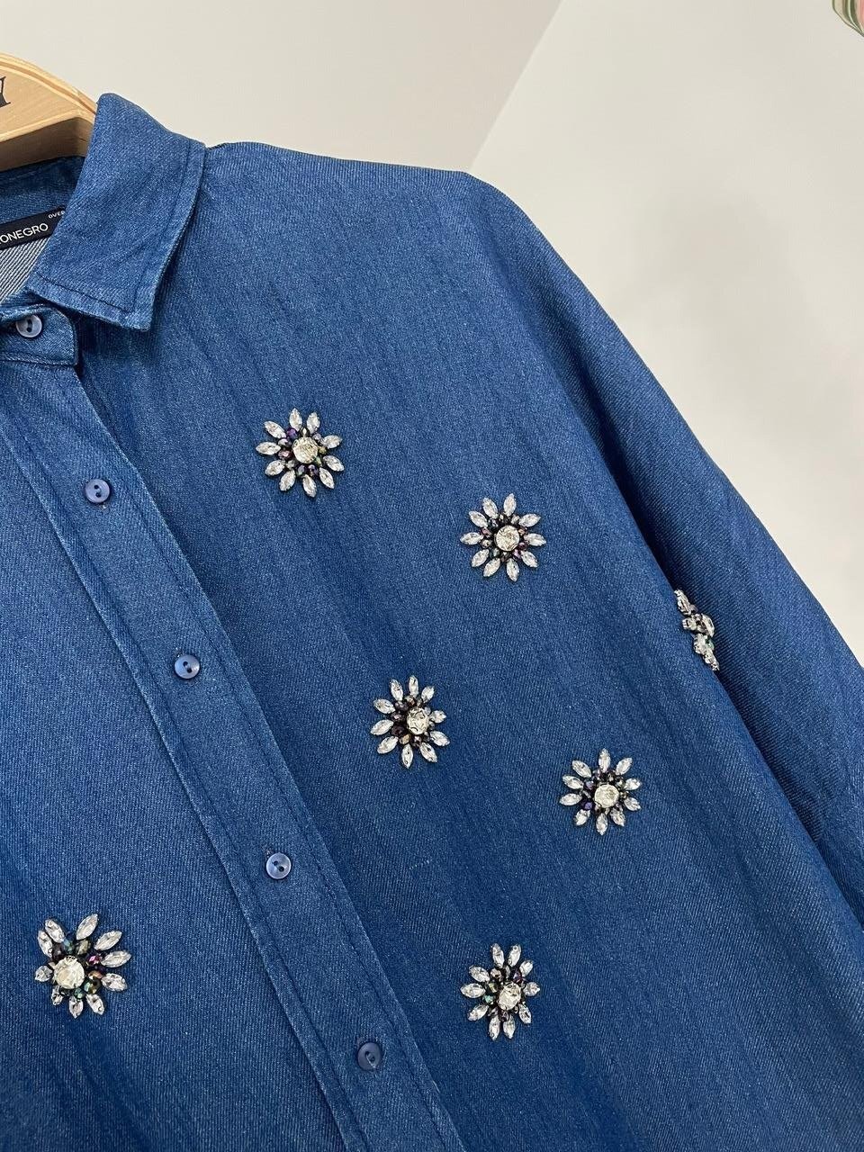 Taşlı Çiçek Detaylı Oversize Gömlek Orfeonegro