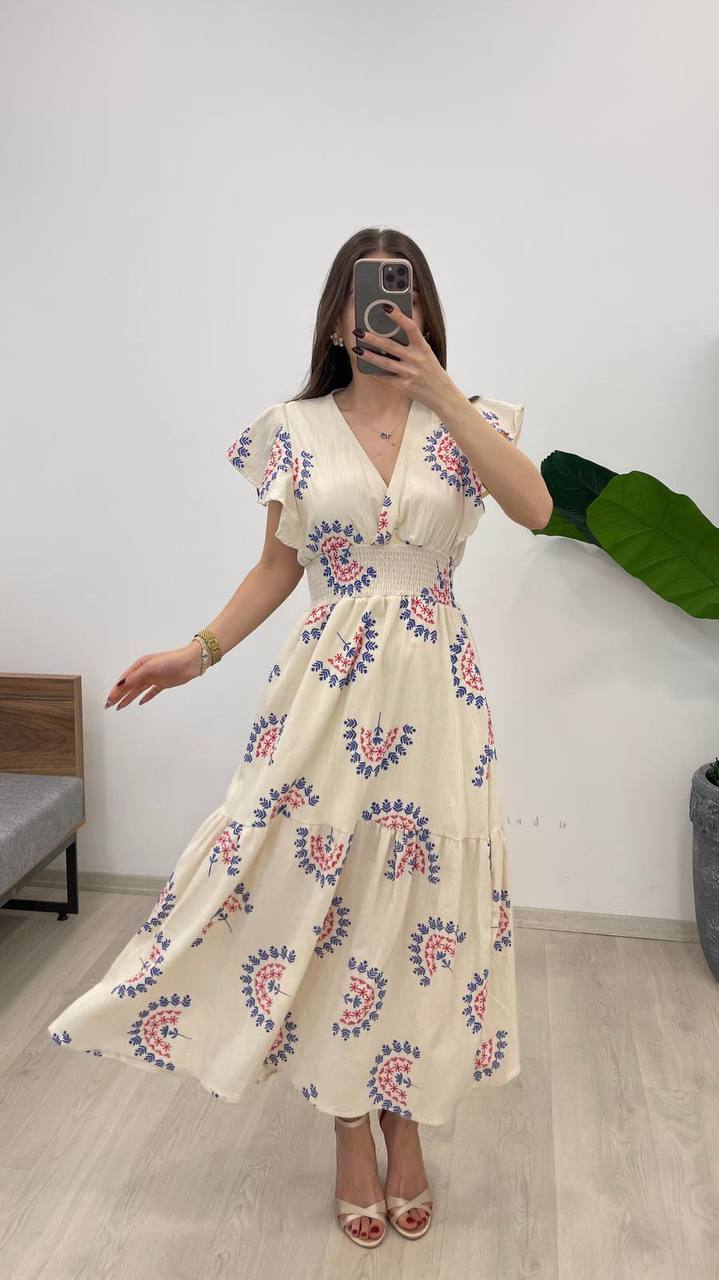 BELİ GİPELİ KETEN ELBİSE - MAVİ FUŞYA