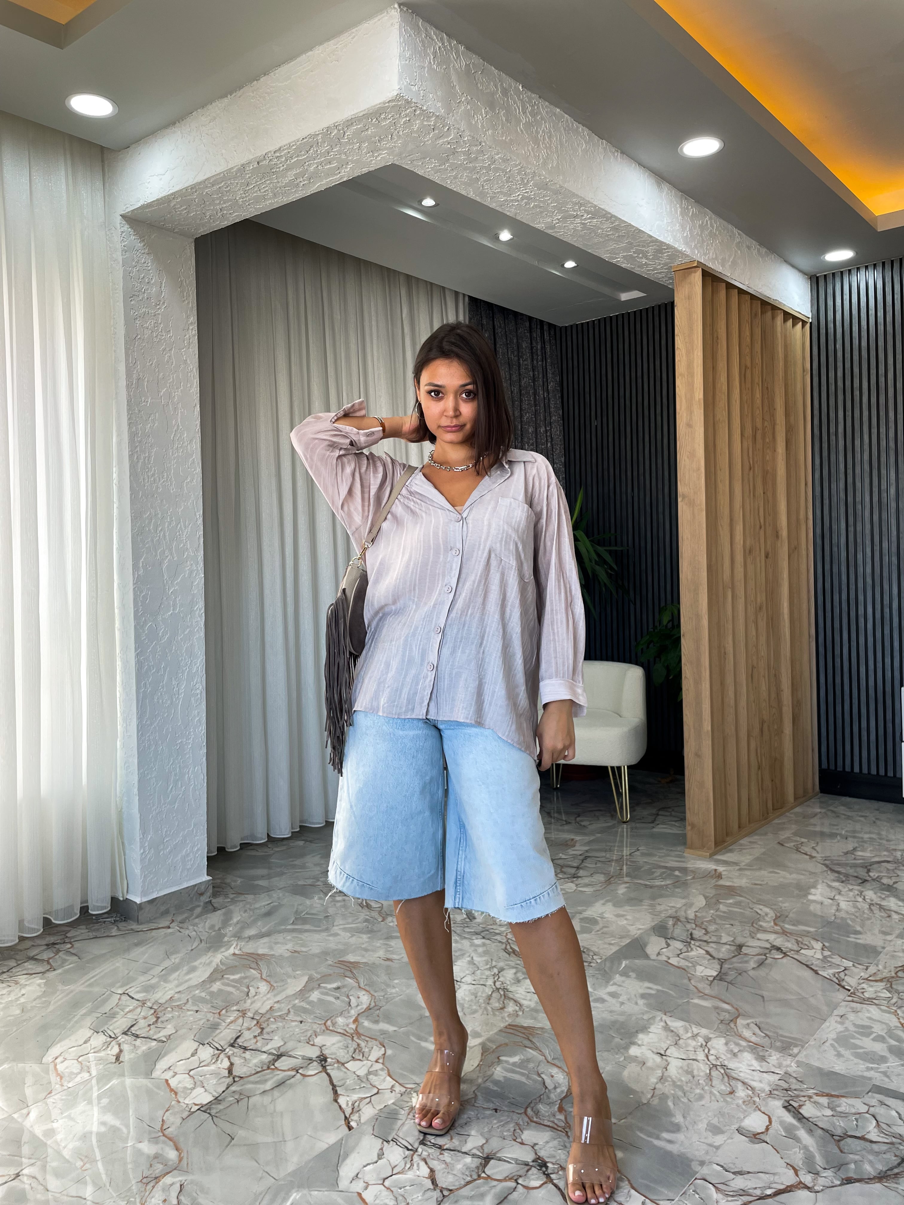 OVERSIZE CEPLİ GÖMLEK - GRİ