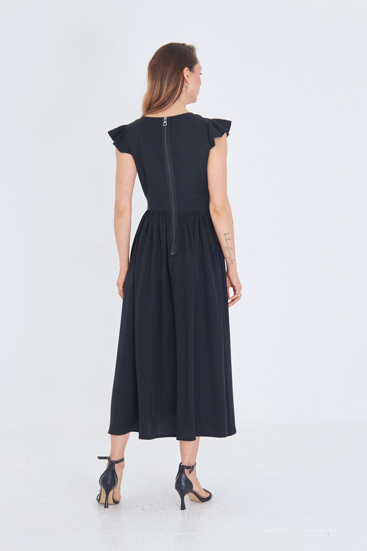SİYAH TENCEL KUMAŞ UZUN VINTAGE ELBİSE