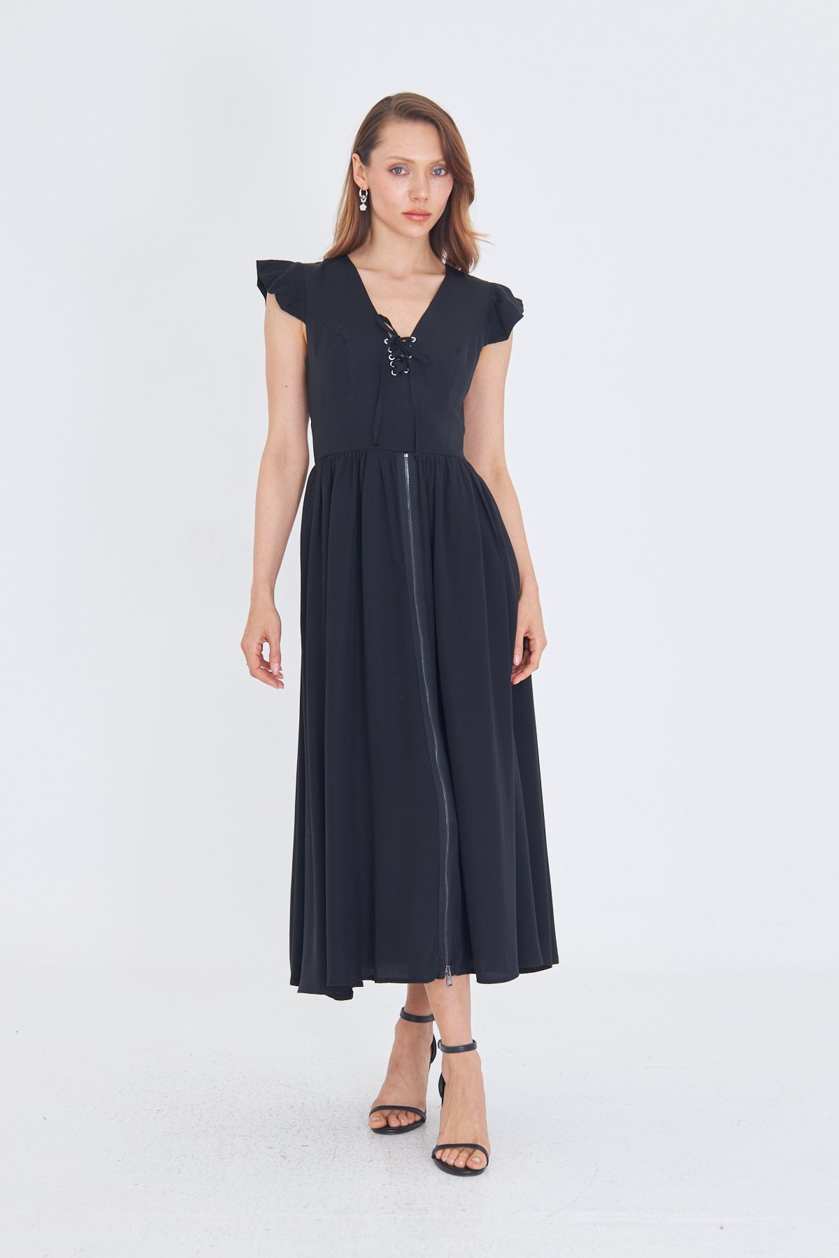 SİYAH TENCEL KUMAŞ UZUN VINTAGE ELBİSE