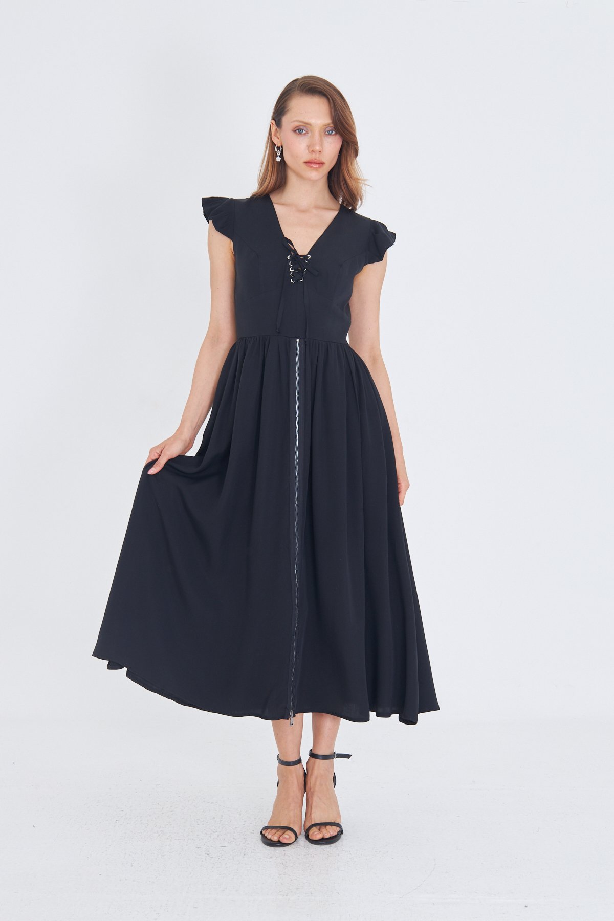 SİYAH TENCEL KUMAŞ UZUN VINTAGE ELBİSE