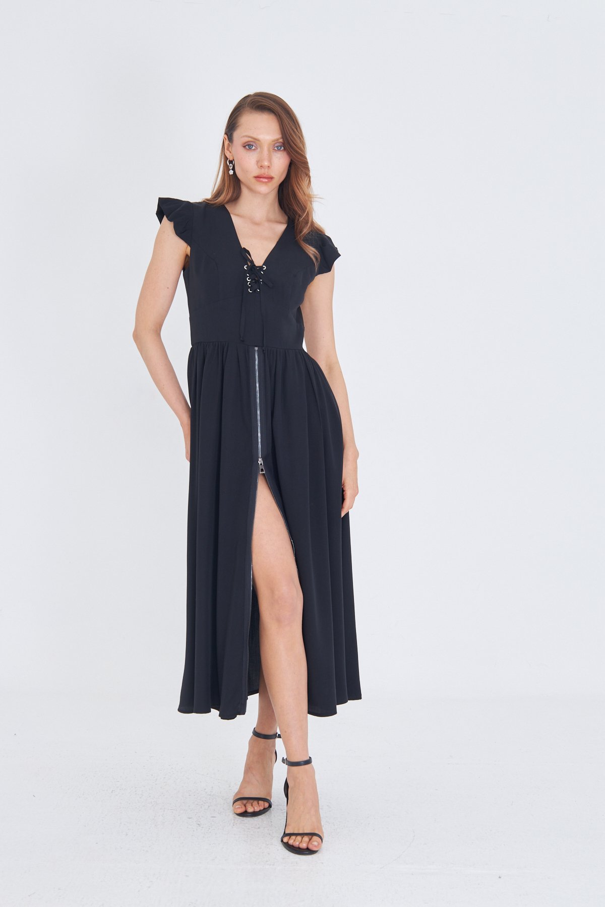 SİYAH TENCEL KUMAŞ UZUN VINTAGE ELBİSE