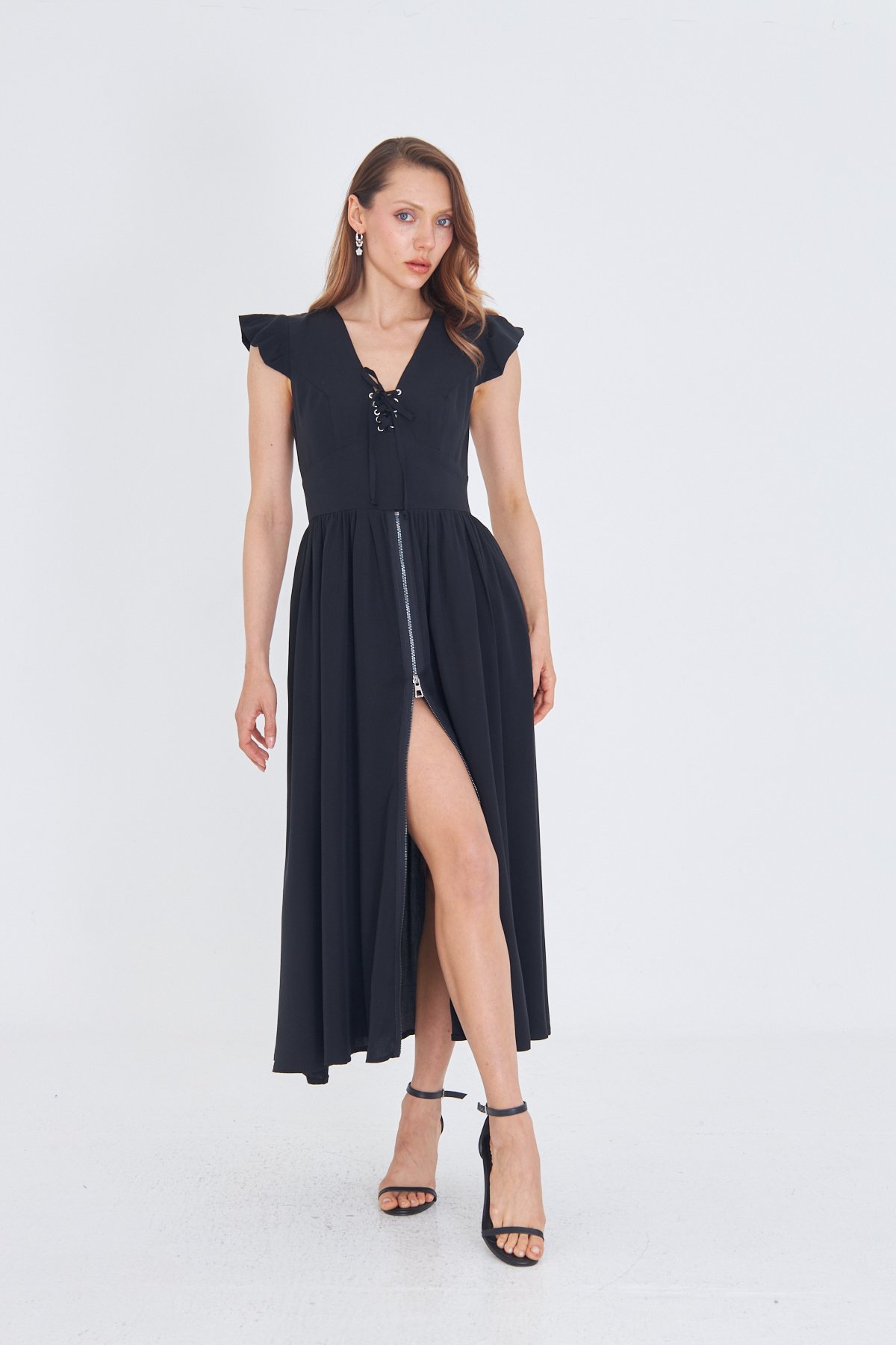 SİYAH TENCEL KUMAŞ UZUN VINTAGE ELBİSE