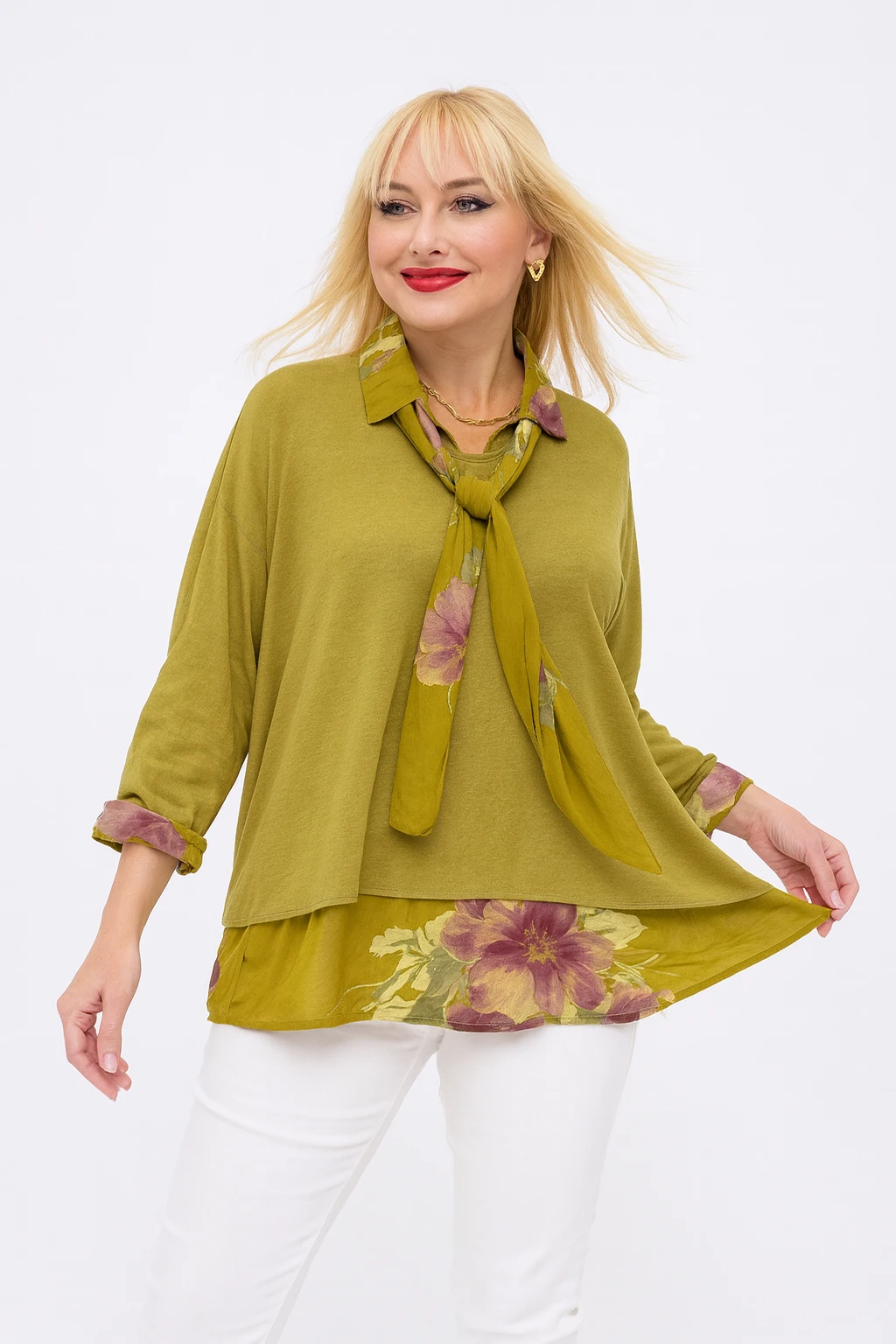 İtalyan Fularlı 3'lü Takım Bluz - KOYU SARI