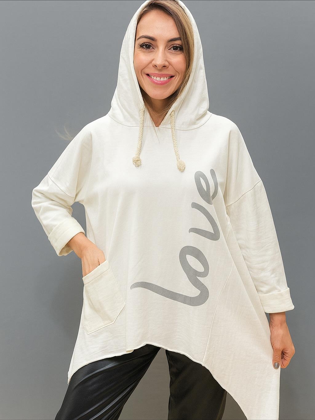 İtalyan Yazı Detaylı Nubuk Bluz - BEYAZ