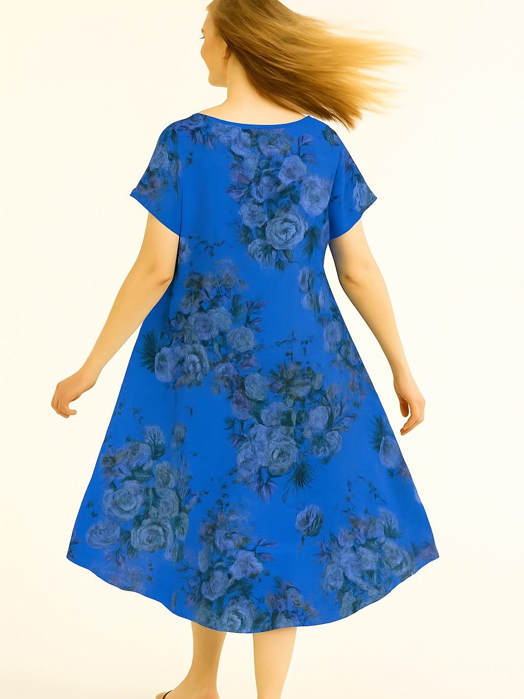 İtalyan Keten Çiçek Desen Elbise - SAKS MAVİ