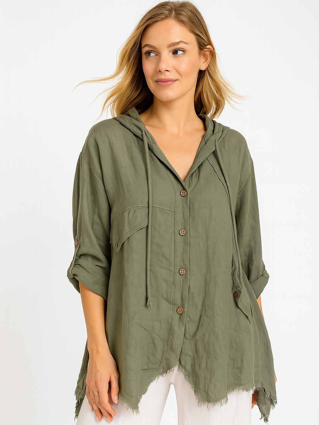 İtalyan Keten Kapüşonlu Ceket - HAKİ