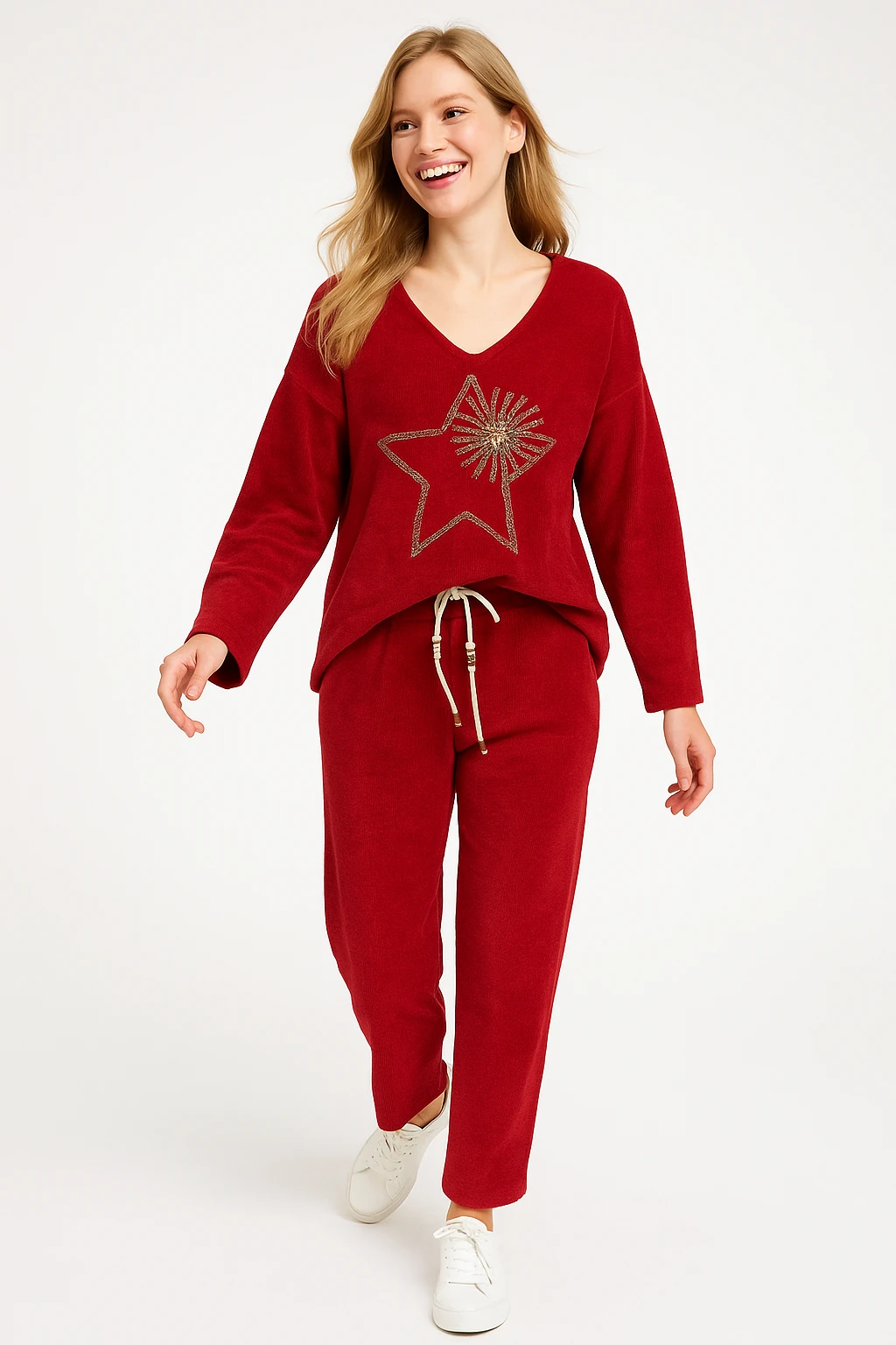 İtalyan V Yaka Yıldız Detaylı Kadife Takım - KIRMIZI