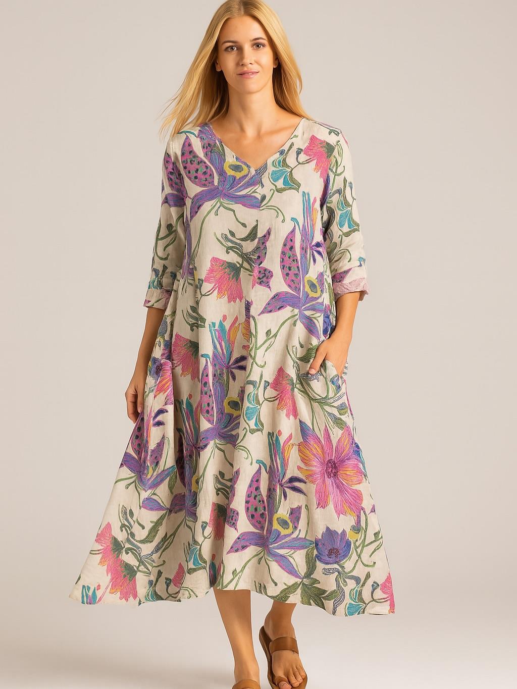 İtalyan Çiçek Desenli Keten Elbise - BEJ