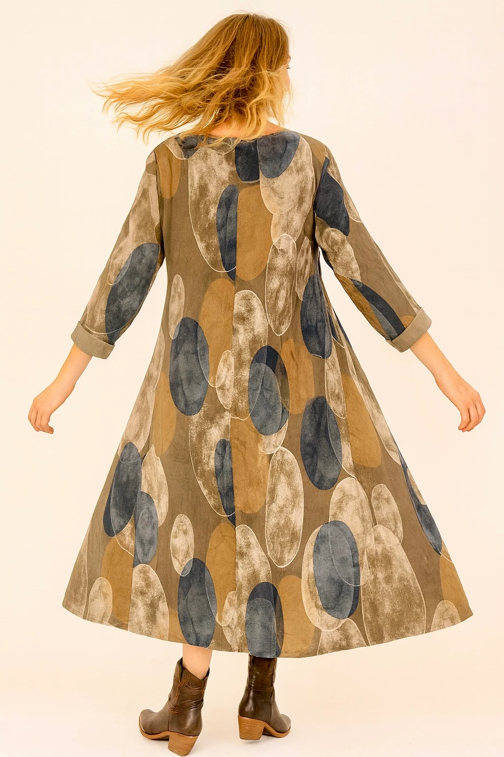 İtalyan Desenli İnce Fitilli Kadife Elbise - VİZON