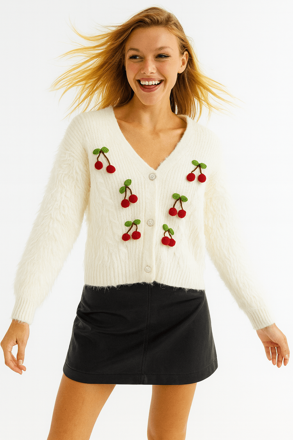 İtalyan Angora  Kiraz Detaylı Hırka - BEYAZ