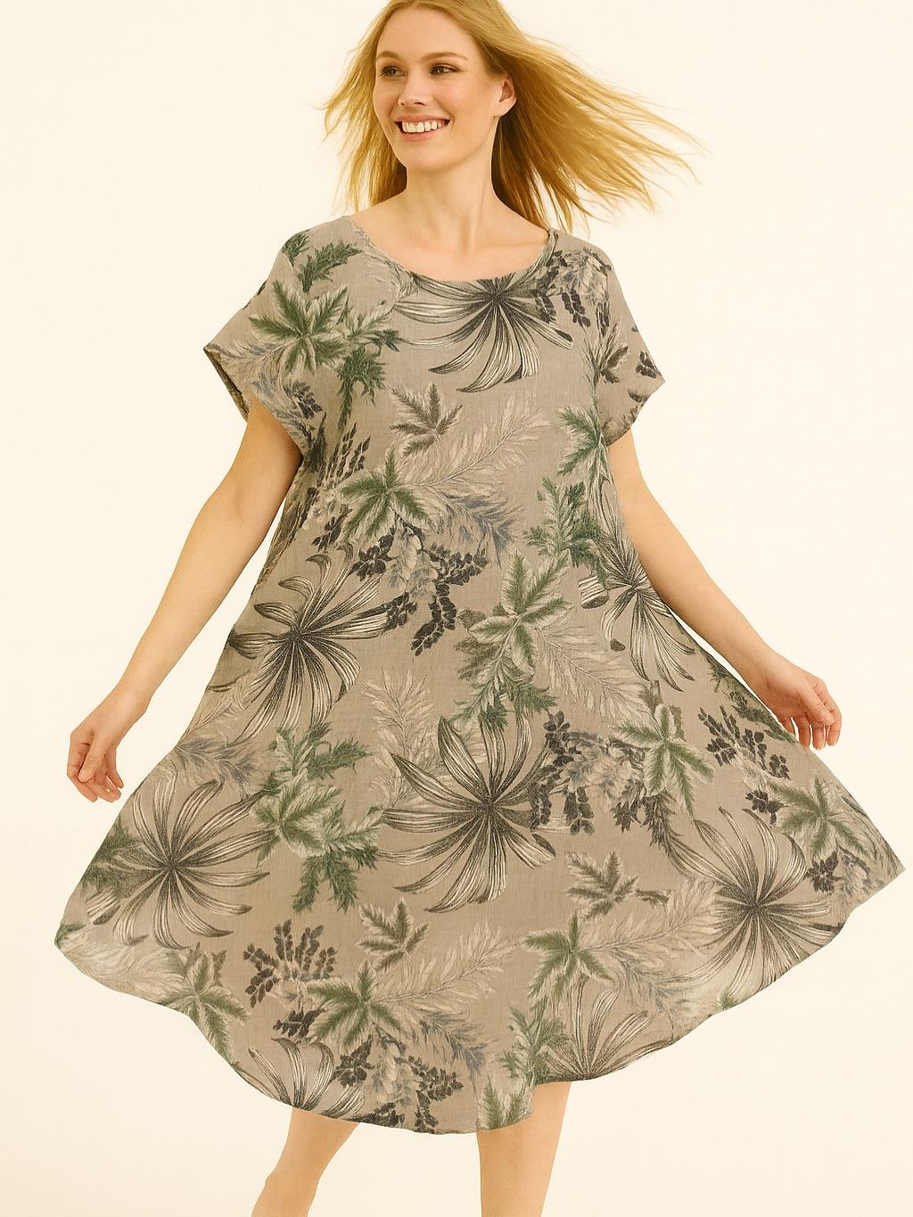 İtalyan Keten Yaprak Desen Elbise - VİZON
