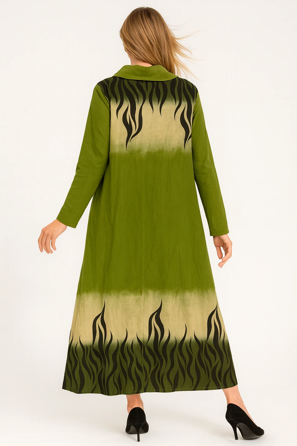 İtalyan Degaje Yaka Kadife Elbise - YEŞİL