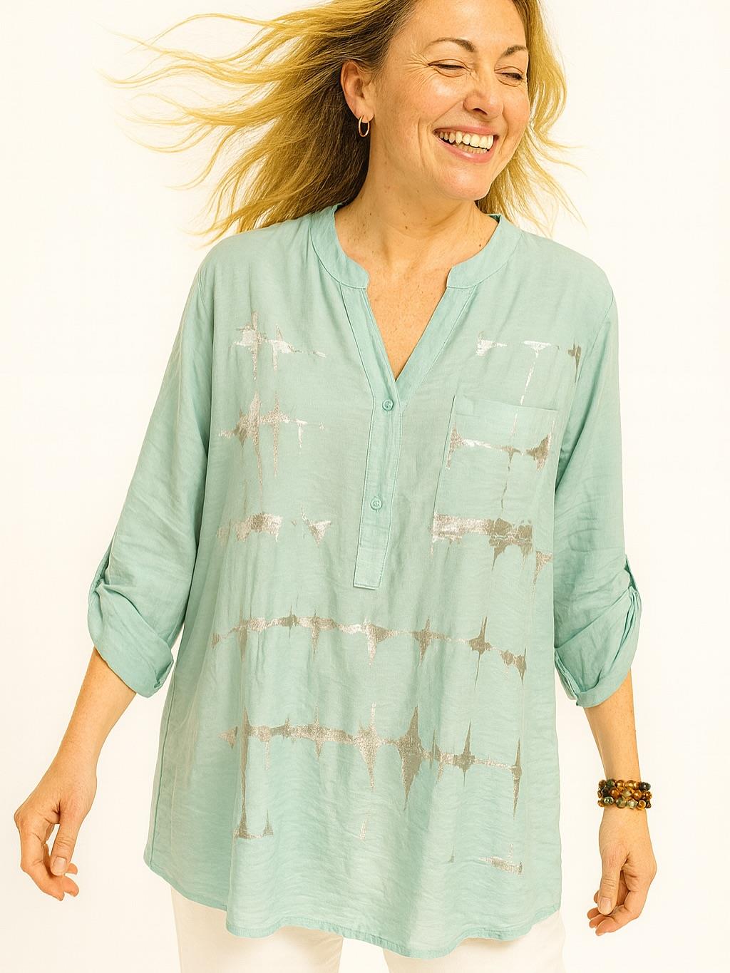 İtalyan Keten Varak Baskılı Bluz - SU YEŞİLİ