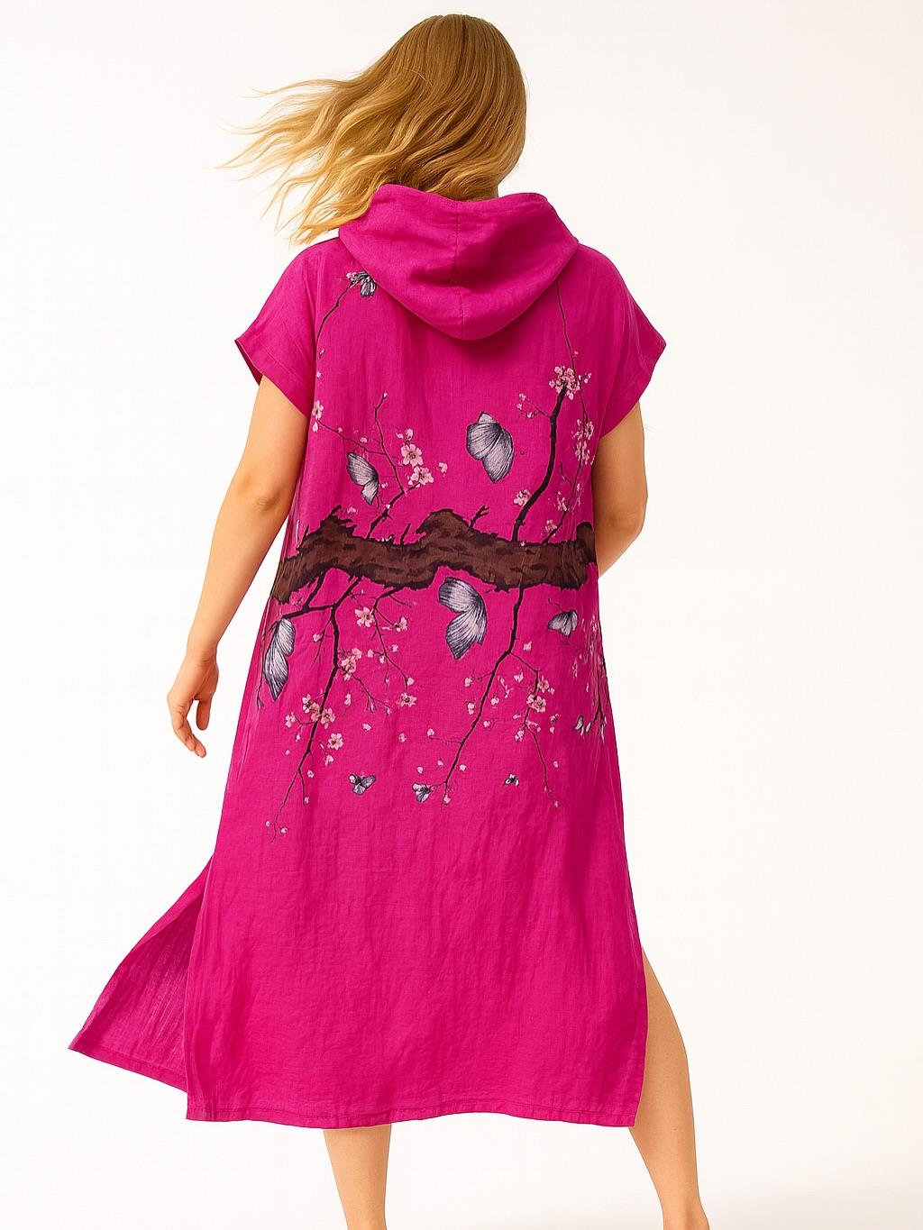 İtalyan Keten Kapüşon Detaylı Elbise - FUŞYA
