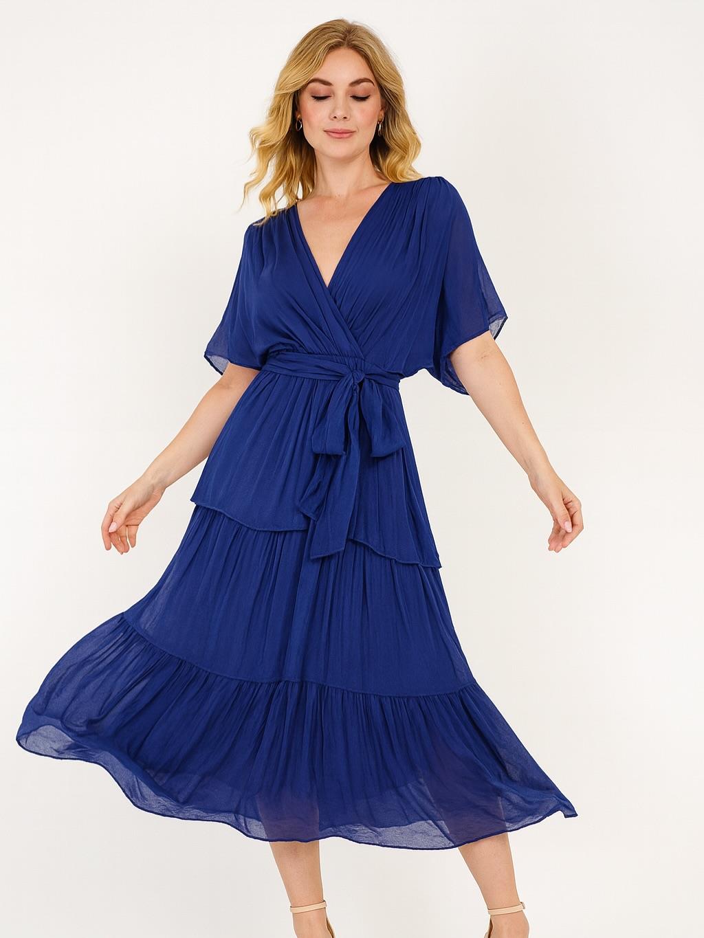 İtalyan İpek Belden Bağlamalı Elbise - SAKS MAVİ