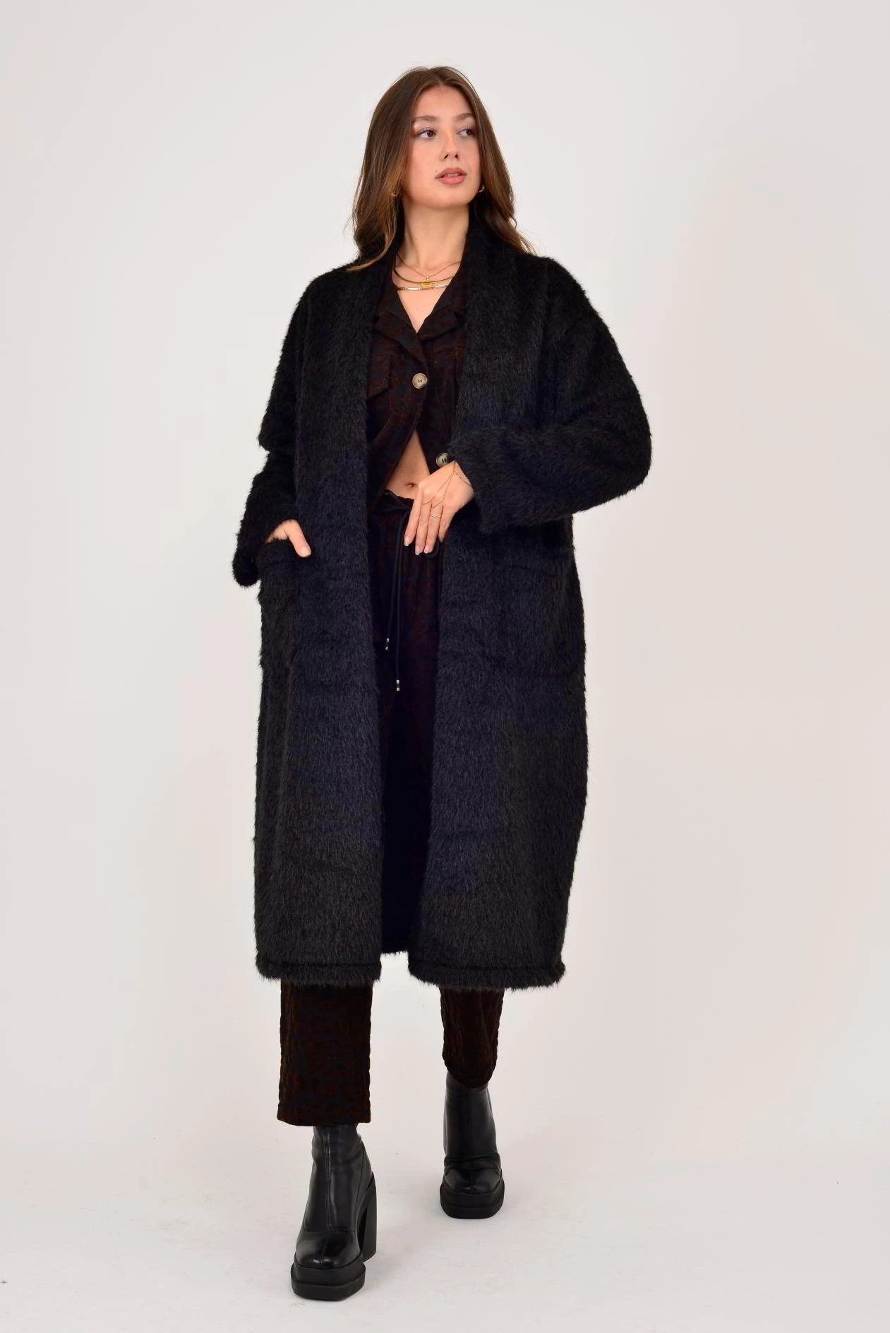 İtalyan Cep Detaylı Keçe Kaban - SİYAH