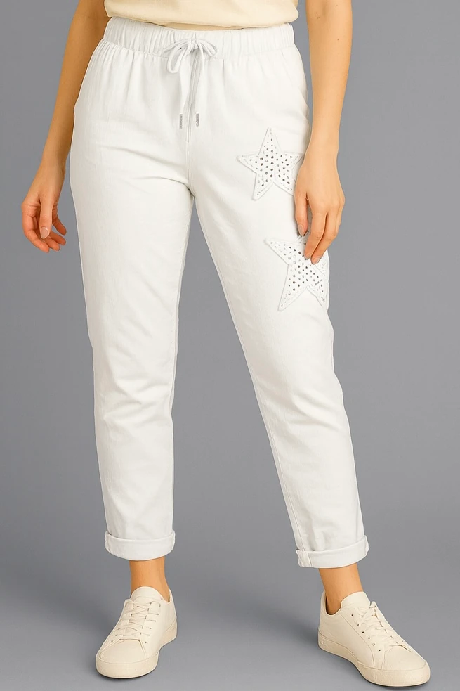 İtalyan Yıldız Detaylı Likralı Pantolon - BEYAZ