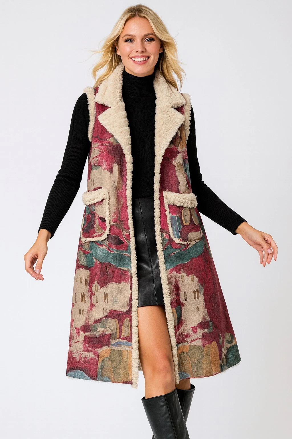 İtalyan Fırça Desen Nubuk Yelek - BORDO