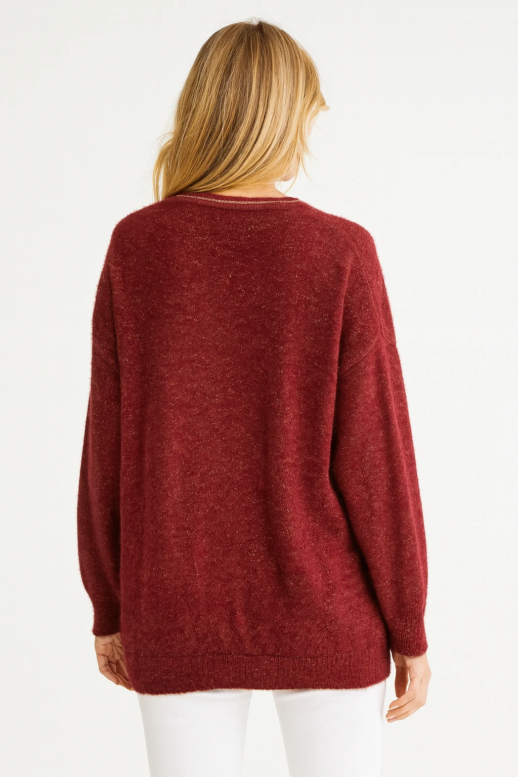 İtalyan V Yaka Simli Triko Bluz - BORDO