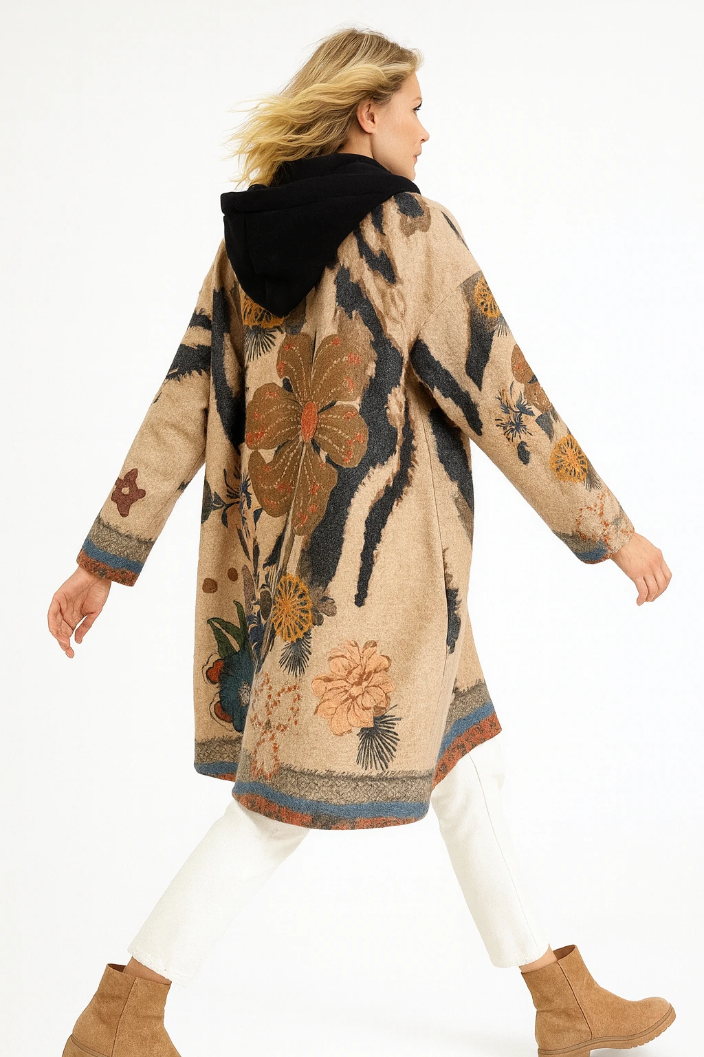 İtalyan Çiçek Desenli Kapüşonlu Keçe Kaban - BEJ