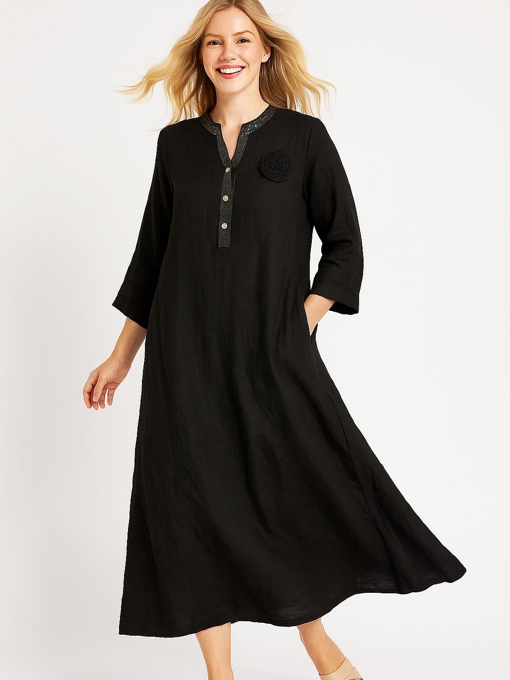 İtalyan Keten Pul Payet Detaylı Elbise - SİYAH