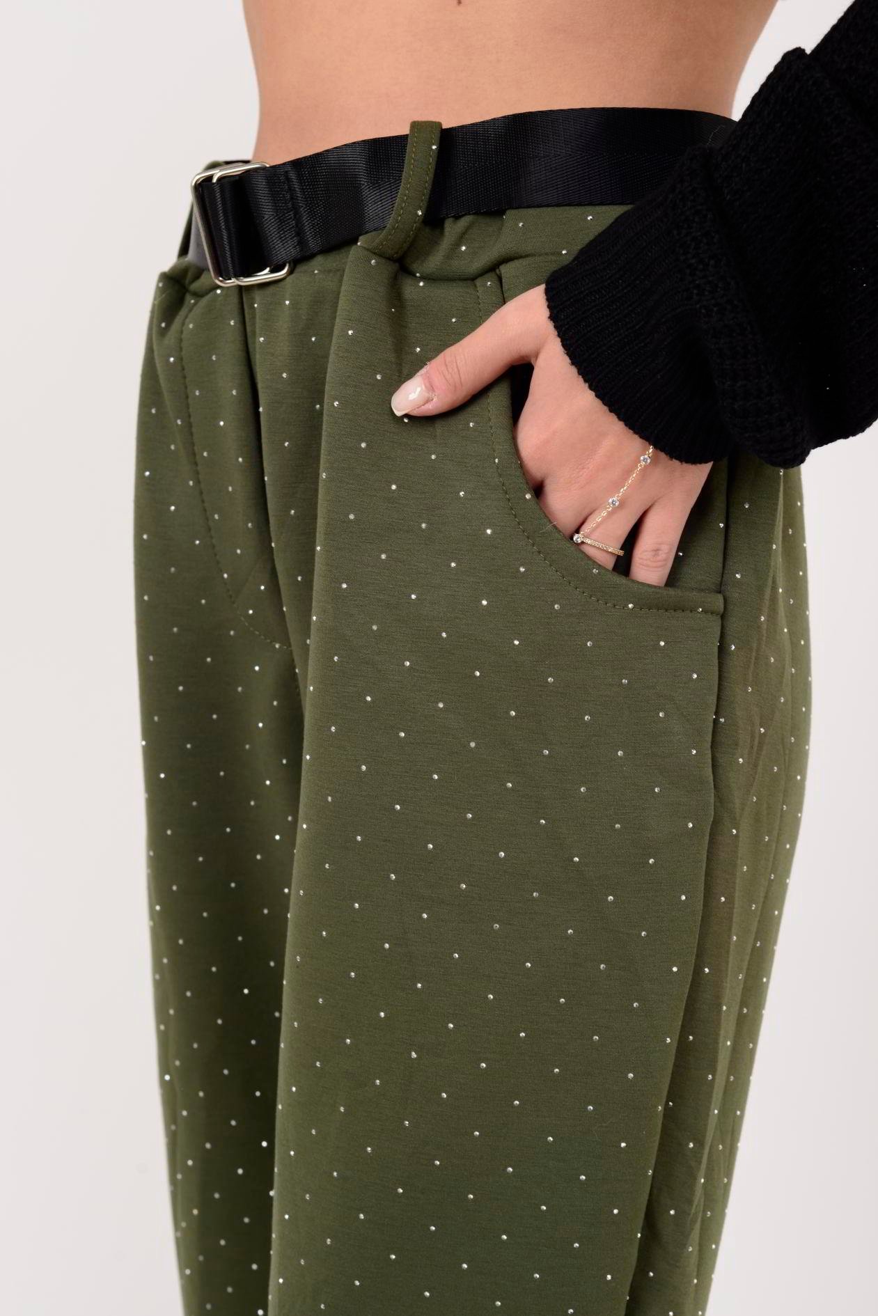 İtalyan Kemer Detaylı Taş İşlemeli Pantolon - HAKİ