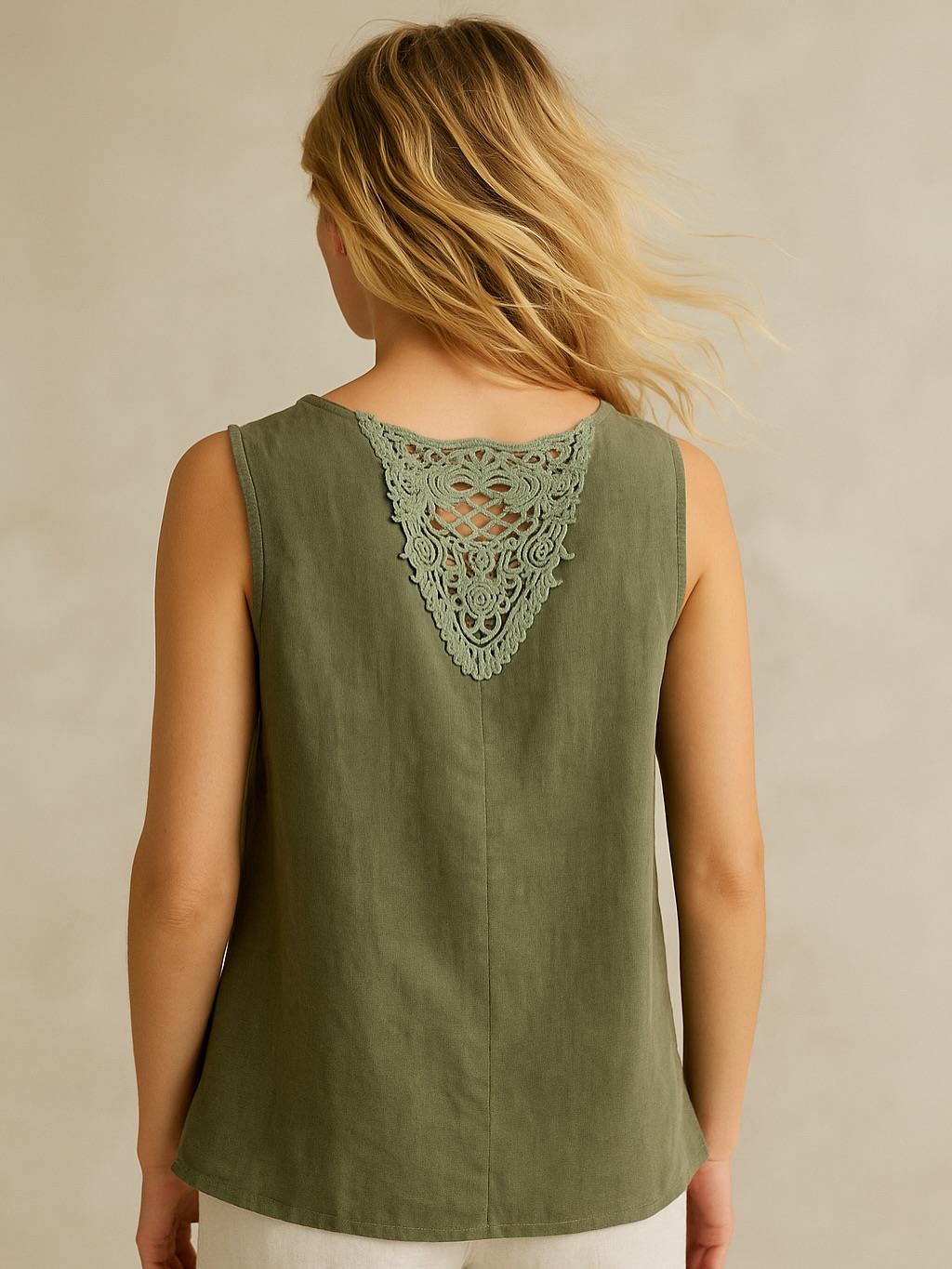 İtalyan Sırt Dantel Detaylı Keten Bluz - HAKİ