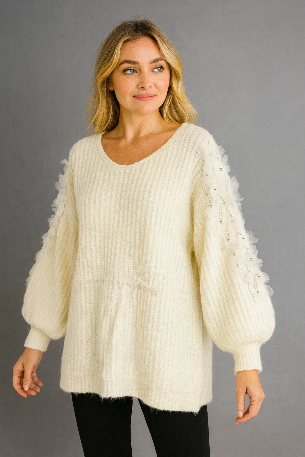 İtalyan Özel Tasarım Triko Bluz - BEYAZ