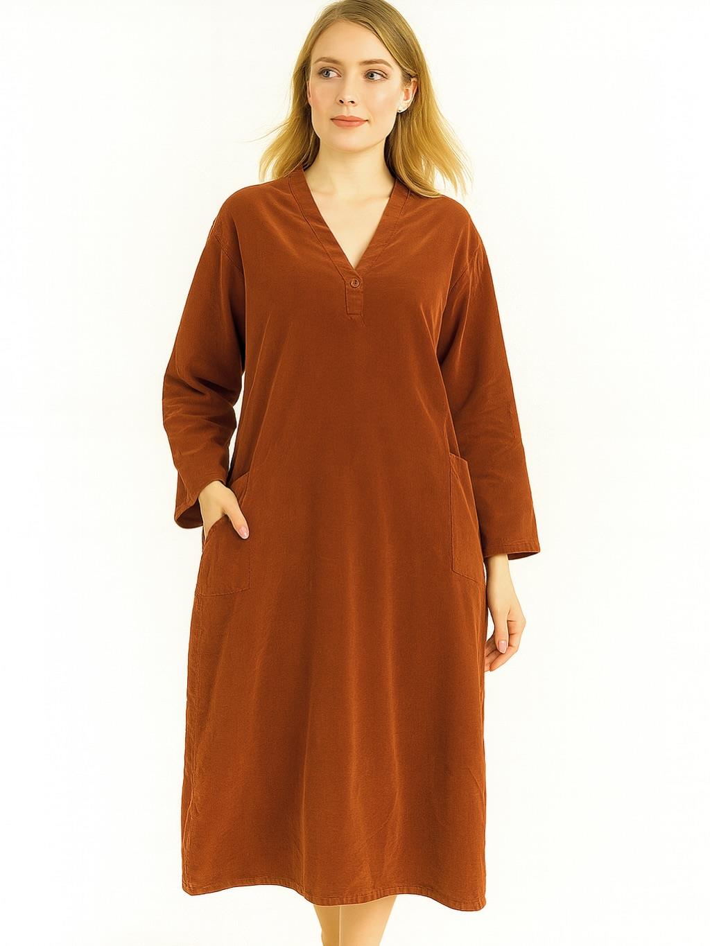 İtalyan Kadife Düğme Detaylı Elbise - TARÇIN