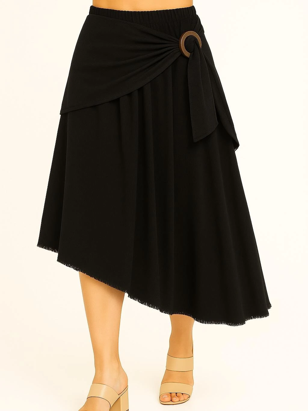 İtalyan Kadife Önden Bağlamalı Etek - SİYAH