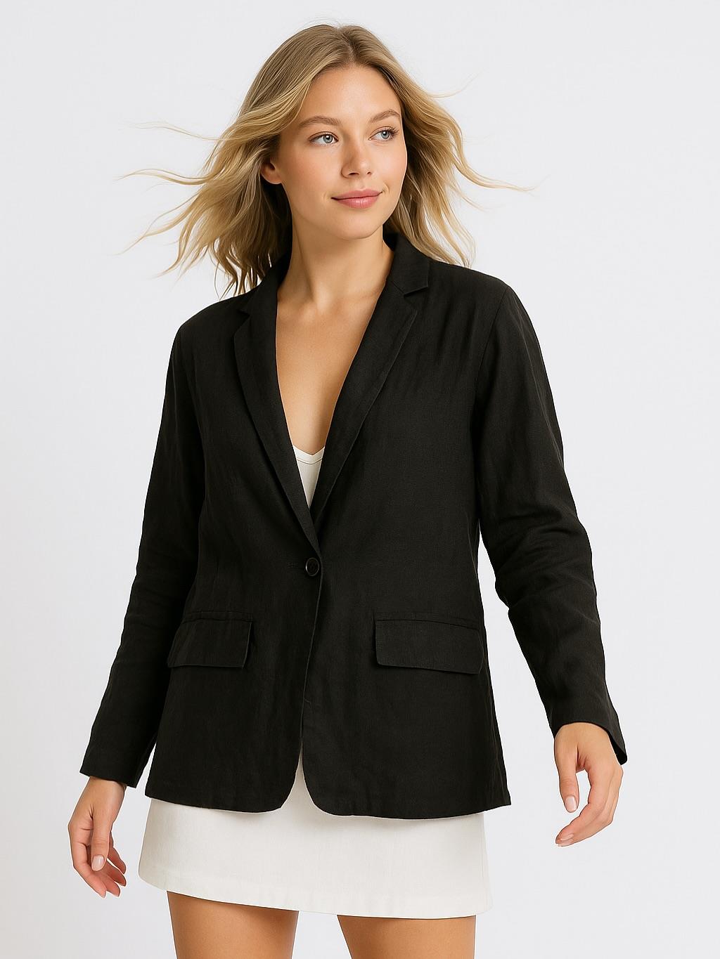 İtalyan Keten Düğmeli Ceket - SİYAH