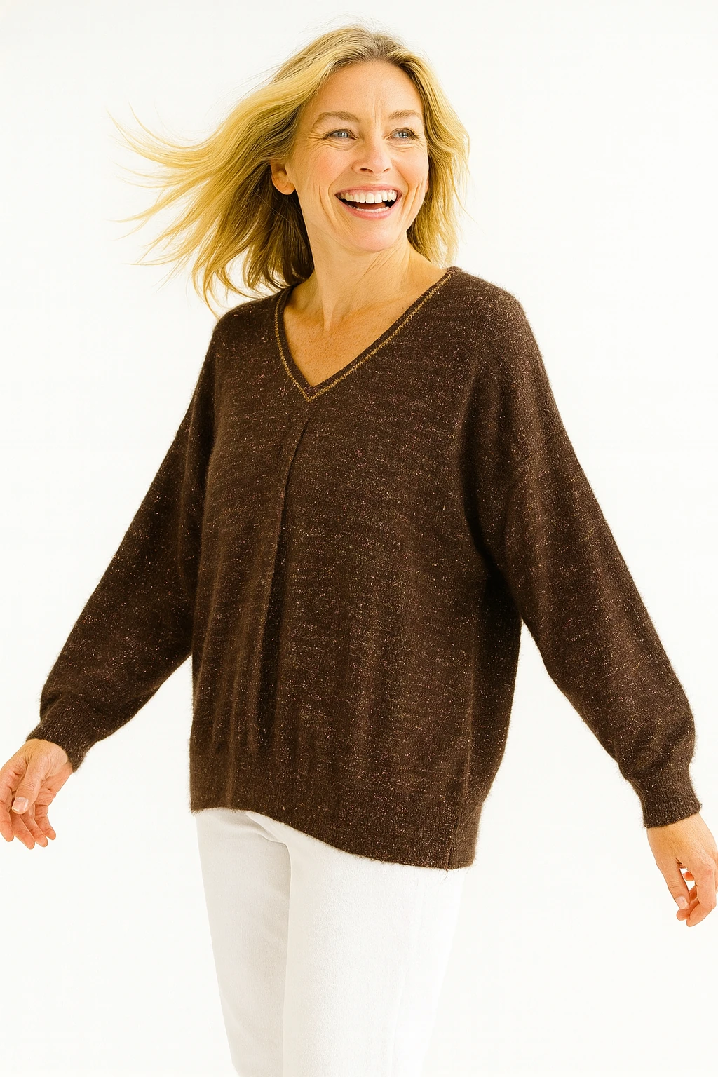 İtalyan V Yaka Simli Triko Bluz - KAHVERENGİ