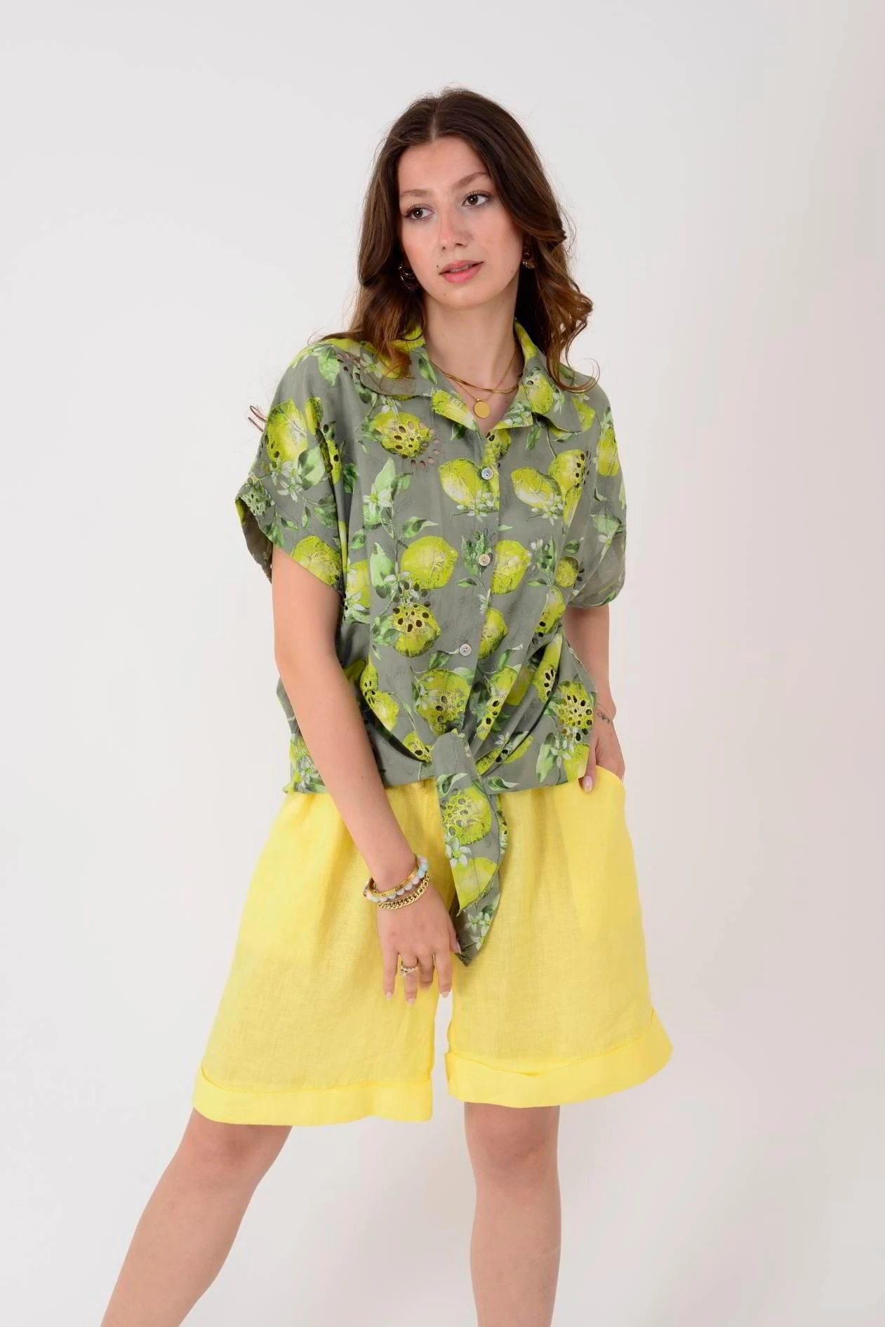 İtalyan Limon Desen Fistolu Bluz - HAKİ